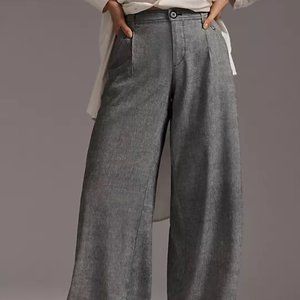ANTHROPOLOGIE Women's Linen Low-Rise Wide Leg Pants, 12 Tall (Black)